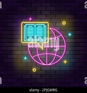 Global knowledge neon icon. Education neon icon on dark brick wall background Stock Vector