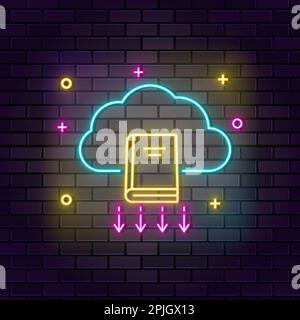 Online library, cloud neon icon. Education neon icon on dark brick wall background Stock Vector