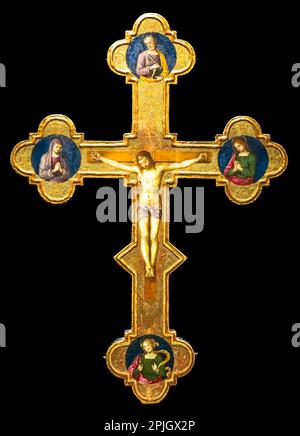 Antique crucifix made of gold - Roman Catholic Church, Jesus Christ Stock Photo