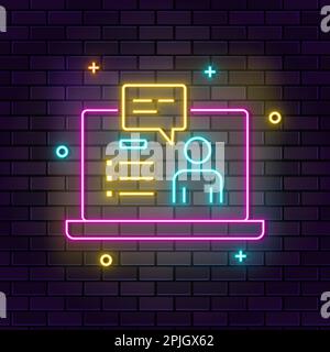 Elearning, Laptop neon icon. Education neon icon on dark brick wall background Stock Vector