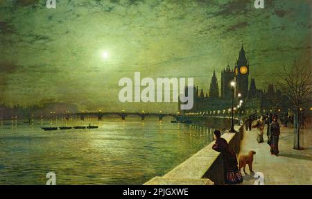 Reflections on the Thames, Westminster. John Atkinson Grimshaw. 1880. Stock Photo