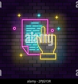 read, hand neon icon. Education neon icon on dark brick wall background Stock Vector