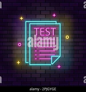 Test, paper neon icon. Education neon icon on dark brick wall background Stock Vector