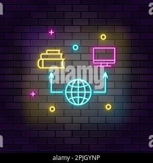 Global education, online knowledge neon icon. Education neon icon on dark brick wall background Stock Vector