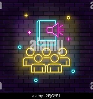 Audio book, online knowledge neon icon. Education neon icon on dark brick wall background Stock Vector