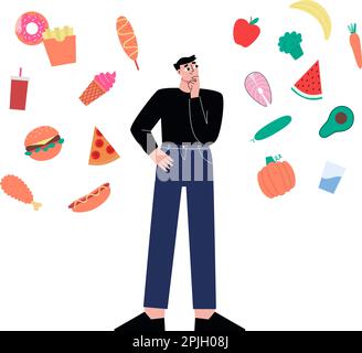 Choose food, man thinking about healthy menu or dessert. Daily lifestyle, eat and nutrition. Fast food choice and diet sapid vector concept Stock Vector