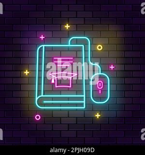 Mouse, book neon icon. Education neon icon on dark brick wall background Stock Vector