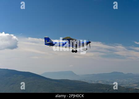 Microlight aircraft Savannah S of the WILCO Flying Club in the air, Annecy, Haute-Savoie, France Stock Photo