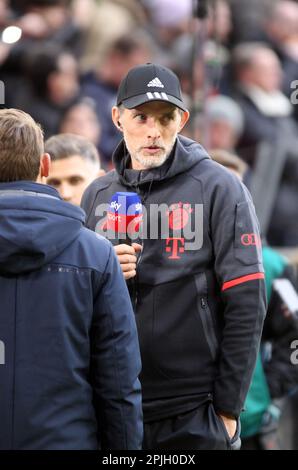 MUNICH, Germany - 01. APRIL 2023: Fc Bayern Coach, Trainer, Thomas TUCHEL giving an interview during the Bundesliga Football  match between Fc Bayern Muenchen and BvB Dortmund at the Allianz Arena in Munich on 1. April 2023 , Germany. DFL, Fussball, 4:2  (Photo and copyright  @ ATP images / Arthur THILL (THILL Arthur / ATP / SPP) Stock Photo