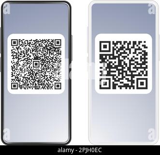 Smartphones template with qr on screen. Phone white and black, bar code for payment on self identification. Dataset, codes for entry vector concept Stock Vector