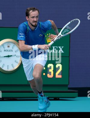 Miami Gardens, United States. 02nd Apr, 2023. Daniil Medvedev runs to make forehand shot to Jannik Sinner in the men's final at the Miami Open in the Hard Rock Stadium, Miami Gardens, Florida, on Sunday, April 2, 2023. Medvedev defeated Sinner 7-5, 6-3. Photo by Gary I Rothstein/UPI Credit: UPI/Alamy Live News Stock Photo