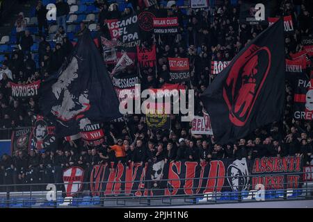 Naples, Italy. 02nd Apr, 2023. Supporters of AC Milan during the Serie A match between Napoli and AC Milan at Stadio Diego Armando Maradona, Naples, Italy on 2 April 2023. Credit: Giuseppe Maffia/Alamy Live News Stock Photo