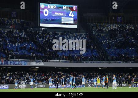 Naples, Italy. 02nd Apr, 2023. Final result the Serie A football match between SSC Napoli and AC Milan at Diego Armando Maradona stadium in Naples (Italy), April 2nd, 2023. Cesare Purini/Insidefoto Credit: Insidefoto di andrea staccioli/Alamy Live News Stock Photo