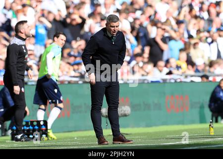 London, UK. 02nd Apr, 2023. Plymouth Argyle manager, Steven Schumacher shouting instructions during the EFL Papa Johns Trophy Final match between Bolton Wanderers and Plymouth Argyle at Wembley Stadium, London, England on 2 April 2023. Photo by Carlton Myrie. Editorial use only, license required for commercial use. No use in betting, games or a single club/league/player publications. Credit: UK Sports Pics Ltd/Alamy Live News Stock Photo