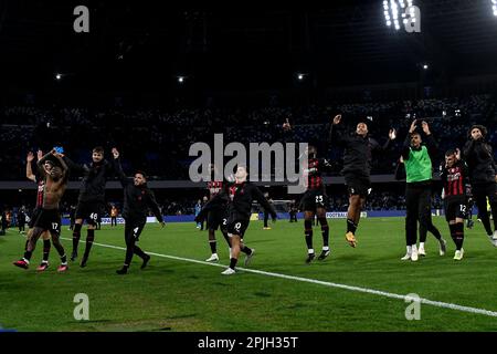 Naples, Italy. 02nd Apr, 2023. Milan players celebrate at the end of the Serie A football match between SSC Napoli and AC Milan at Diego Armando Maradona stadium in Naples (Italy), April 2nd, 2023. Credit: Insidefoto di andrea staccioli/Alamy Live News Stock Photo
