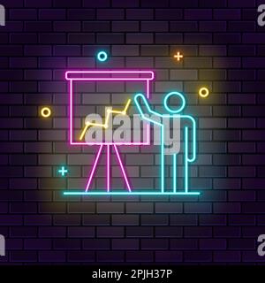 Presentation neon icon. Education neon icon on dark brick wall background Stock Vector