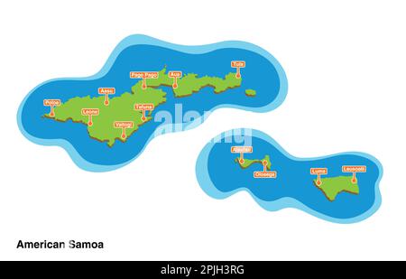 3d vector illustrated colorful touristic map of American Samoa islands with cities and villages Stock Vector