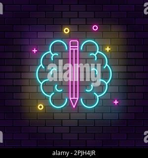 Brain, pencil neon icon. Education neon icon on dark brick wall background Stock Vector