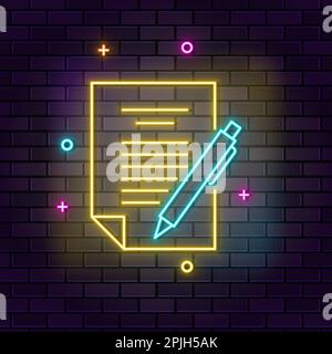 Exan, pen neon icon. Education neon icon on dark brick wall background Stock Vector