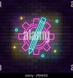 Settings neon icon. Education neon icon on dark brick wall background Stock Vector