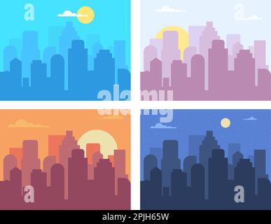 Different time cityscape. City view landscape in morning day afternoon evening nighttime, night long skyline of urban construction international times, vector illustration of view cityscape morning Stock Vector