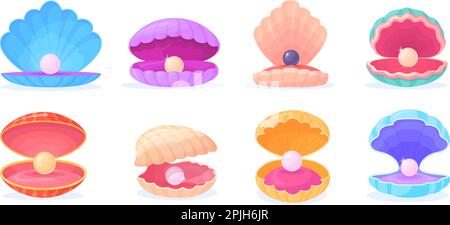 Cartoon pearl shells. Underwater pearls in shell, open scallop with luxury sphere, oysters clam seashell marine jewel shellfish sea decoration, set vector illustration of underwater pearl marine Stock Vector