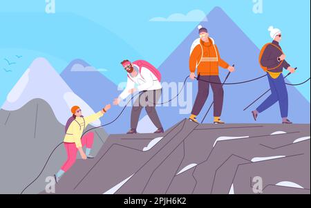 Climbers group. Backpacker team climb to mountain top summit, teamwork helping mountaining expedition risk challenge trekking, hiker lifestyle vector illustration of mountain hiking and climber Stock Vector
