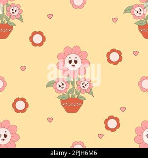 Retro seamless pattern with happy characters Groovy Daisy flower pot on yellow background. Vector Illustration. Aesthetic Modern Art flower Power for Stock Vector