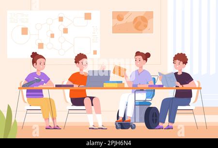 Inclusive school friends. University children communication, pupil in wheelchair at table of craft groups study kids teamwork, vector illustration of education inclusive, inclusion cartoon friendly Stock Vector