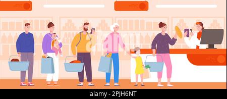 Line at counter supermarket. Customers lined-up queue cashier checkout grocery store, register cash food shop, convenience shopping happy client crowd, vector illustration of supermarket queue Stock Vector