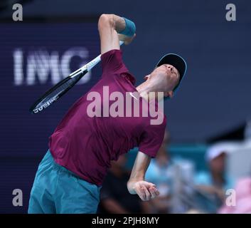 Miami, United States Of America. 02nd Apr, 2023. MIAMI GARDENS, FLORIDA - APRIL 02: Jannik SInner of Italy serves to Daniil Medvedev of Russia during the Men's Final of the Miami Open at Hard Rock Stadium on April 02, 2023 in Miami Gardens, Florida. (Photo by Alberto E. Tamargo/Sipa USA) Credit: Sipa USA/Alamy Live News Stock Photo