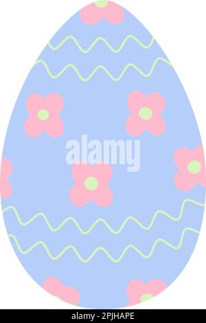 Easter egg in trendy blue with abstract pattern of wavy lines and flowers. Happy Easter. Holiday. Sticker. icon. Isolate. Design for poster, banner, brochures or greeting, price, label or booklet. EPS Stock Vector