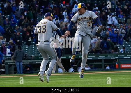 Glendale, United States. 24th Feb, 2023. Milwaukee Brewers left fielder  Jesse Winker (33) walks in the first inning of an MLB spring training  baseball game against the Kansas City Royals at American