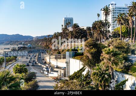 Santa Monica, California, USA - February 2022: Coastline Pacific Coast Highway in Santa Monica. High view. Stock Photo