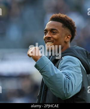 2nd April 2023; St James' Park, Newcastle, England: Premier League Football, Newcastle United versus Manchester United; Newcastle United's Joe Willock celebrates at the end of the match Stock Photo
