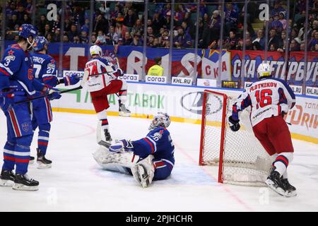 Saint Petersburg, Russia. 02nd Apr, 2023. SKA Hockey Club player, Dmitry Nikolayev (No.70), Andrei Pedan (No.3), Igor Ozhiganov (No.27) and CSKA Hockey Club player, Sergei Plotnikov (No.16) and seen in action during the Kontinental Hockey League, Gagarin Cup, match 1, final of the Western Conference season KHL 2022 - 2023 between SKA Saint Petersburg and CSKA Moscow at the Ice Sports Palace.(Final score; SKA Saint Petersburg 2:3 CSKA Moscow) Credit: SOPA Images Limited/Alamy Live News Stock Photo