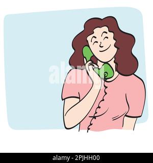 line art woman using retro grren telephone on blank blue space illustration vector hand drawn isolated on white background Stock Vector