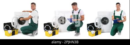 Collage with photos of plumber repairing washing machine on white background. Banner design Stock Photo