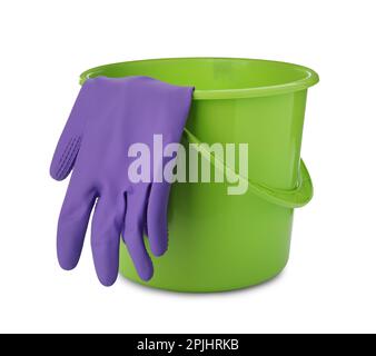 Green bucket with gloves for cleaning isolated on white Stock Photo