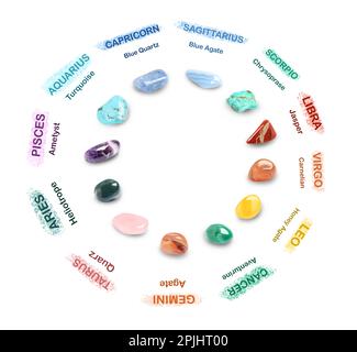 Zodiac signs and their gemstones on color background Stock Photo - Alamy