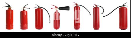 Set with fire extinguishers on white background. Banner design Stock Photo