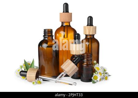 A bottle of essential oil with fresh white peony flowers in the background  Stock Photo - Alamy