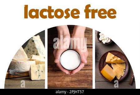 Collage with photos of lactose free dairy products on white background Stock Photo