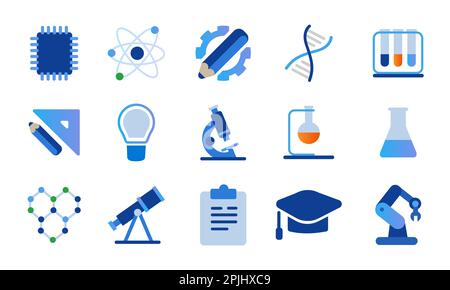 Research icon set collection of biochemistry technology astronomy tube flask lab academic and robotic Stock Vector