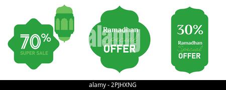 Ramadhan discount promo special offer label emblem sticker sign green color set collection Islam holiday Stock Vector