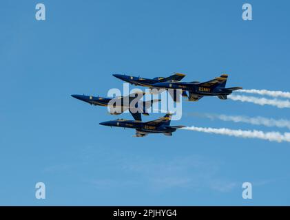Lakeland, Florida, USA. 1st Apr, 2023. US Navy Blue Angels flying in F/A-18 Super Hornets perform aerial stunts during a show at the annual Sun 'n Fun Aerospace Expo, April 1, 2023, at Lakeland Linder International Airport in Lakeland, Florida. (Credit Image: © Dominic Gwinn/ZUMA Press Wire) EDITORIAL USAGE ONLY! Not for Commercial USAGE! Stock Photo