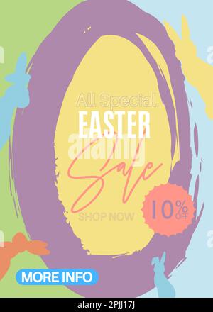 Easter Sale Poster with big egg and colorful small rabbits. Elegant Holiday Discount offer design. Modern minimal template in pastel colors. Stock Vector