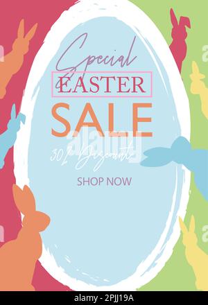 Easter Sale Poster with big egg and colorful small rabbits. Elegant Holiday Discount offer design. Modern minimal template in pastel colors. Stock Vector