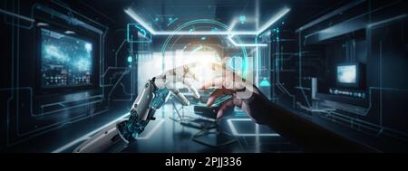 Robot hand and human hand touching together. Ai machine deep learning on big data network concept. Stock Photo