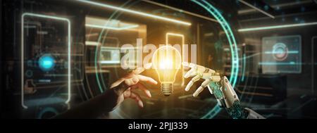 Robot hand and human hand touching light bulb together. Ai machine deep creative learning on big data network. Stock Photo